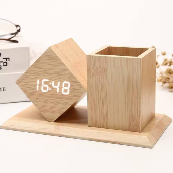 Wooden LED  Clock with Pen Holder