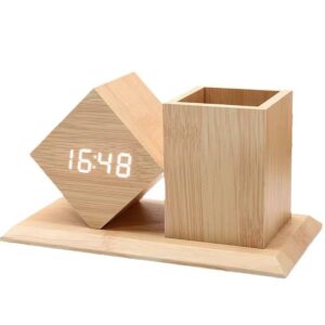 Wooden LED  Clock with Pen Holder