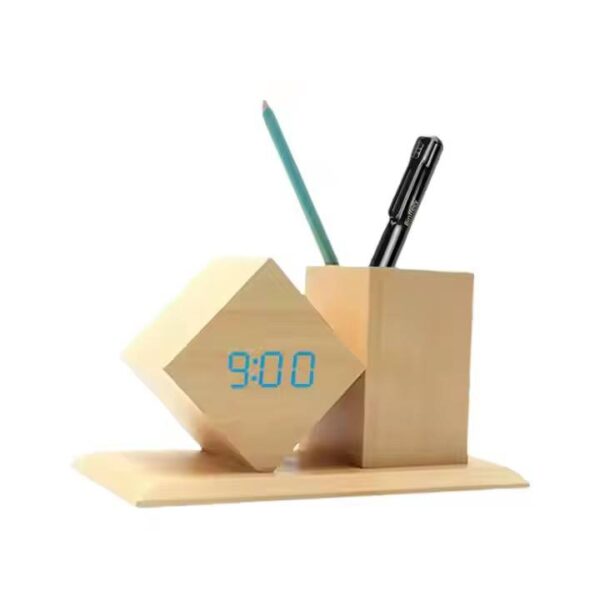 Wooden LED  Clock with Pen Holder
