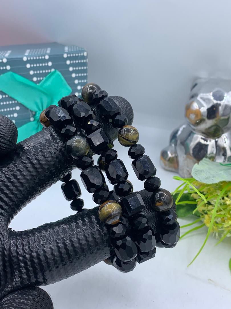 3 in 1 Black Crystal & Tiger Eye Bracelet Set - Image 2