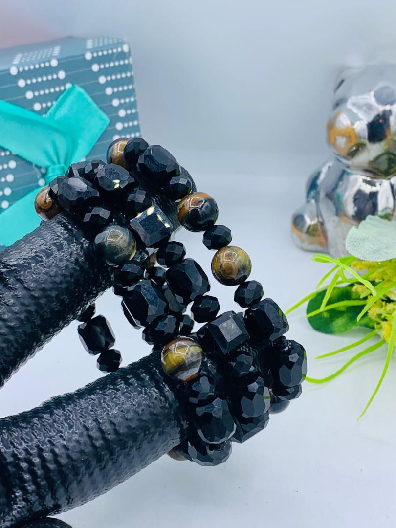 3 in 1 Black Crystal & Tiger Eye Bracelet Set